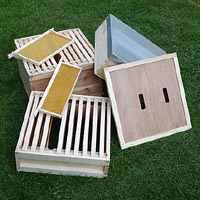 New beehive opened showing supper and brood box